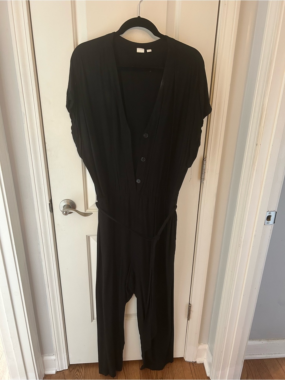 GAP Black V-Neck Button-Front Jumpsuit with Waist Tie